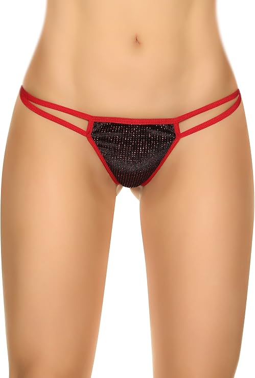 Women's Glitter Thong Panty with Double Side Straps, Sexy Low Rise Sparkly Lingerie with Rhinestone Look Front Panel