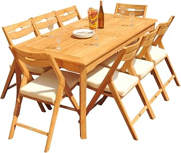 8 Seater Grade-A Teak Wood 9 Pc Dining Set: 71" Rectangle Table and 8 Surfliner Folding Reclining Arm Chairs #31SL1609