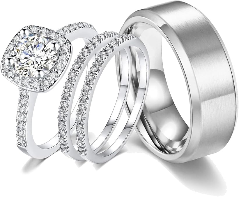 CEJUG 18k White Gold Plated Wedding Ring Sets for Him and Her Womens Mens Titanium Stainless Steel Bands 2Ct Cz Couple Rings