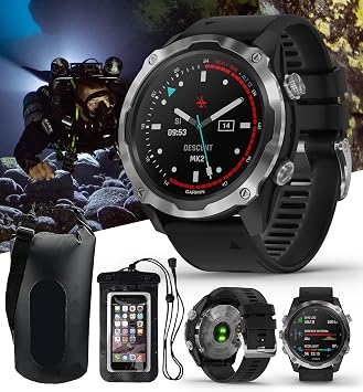 PlayBetter Garmin Descent Mk2 Stainless Steel/Black Dive Computer Watch Bundle - Air Integration, Multisport Training Features - Includes Waterproof Dry Bag Set