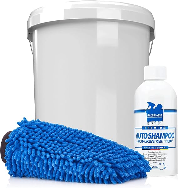 detailmate Auto & Motorrad Wasch Set: detailmate Autoshampoo 500ml Konzentrat + 35GAL Wascheimer mit Deckel + Mikrofaser Chenille Waschhandschuh