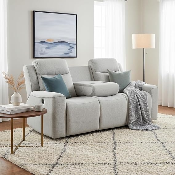 AC Pacific Amelia Upholstered Recliner Sofa with Dropdown Console and Cup Holders, Living Room Furniture with Stylish, Comfortable, and Versatile Design for Modern Homes, White