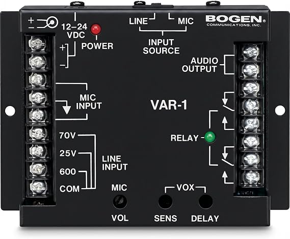 Bogen VAR1 Voice-Activated Relay (DPDT) for 70V Commercial Audio Systems, Priority Paging, and Two-Way Communication, Adjustable VOX Sensitivity and Delay, Black