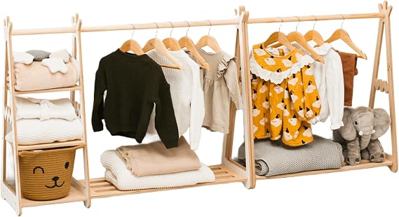 Montessori Teepee Style Clothing Rack (Big with shelves, Natural)