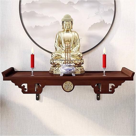 Wooden Buddha Statue Stand, Wall-Mounted Buddha Altar Shelf, Pet Ashes House Table Display Pedestals, Guan Gong Guanyin Buddha Statue Offering Table Craft Display Stand