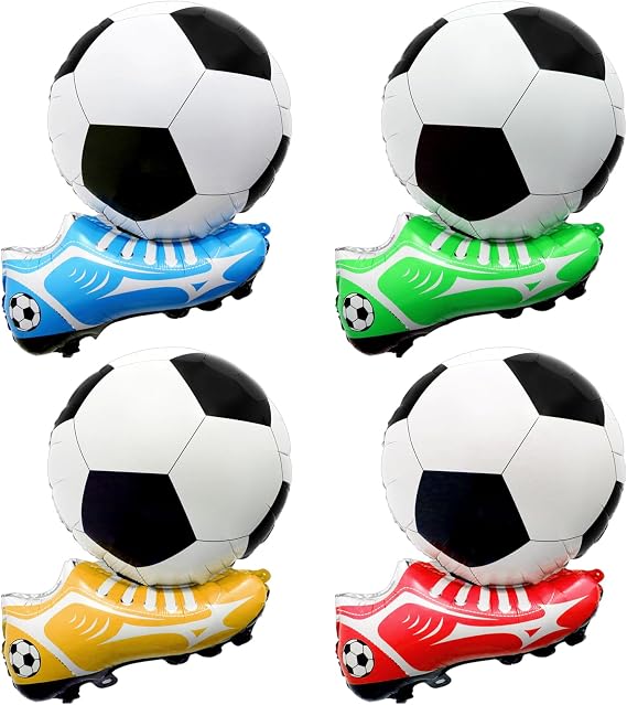 4Pcs Soccer Balloons Set, 3D Football Balloons Cleats Sneaker for Party Decorations, Reusable Foil Mylar in 4 Colors - Helium & Air Inflatable, Great for Soccer Themed Birthday & Game Day