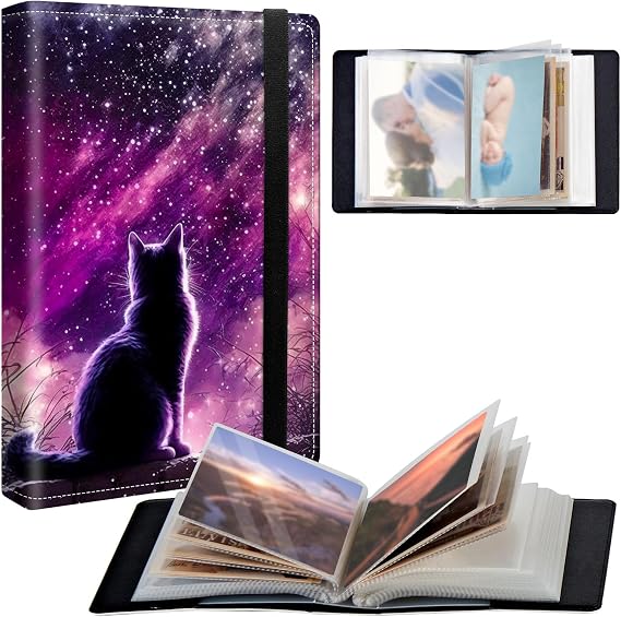 Small Photo Album 5x7 inch 120 Pockets Photos Pu Leather Cover Photo Albums With Elastic Band Design Cute Photo Album For Family Wedding Anniversary Travel - Galaxy Cat
