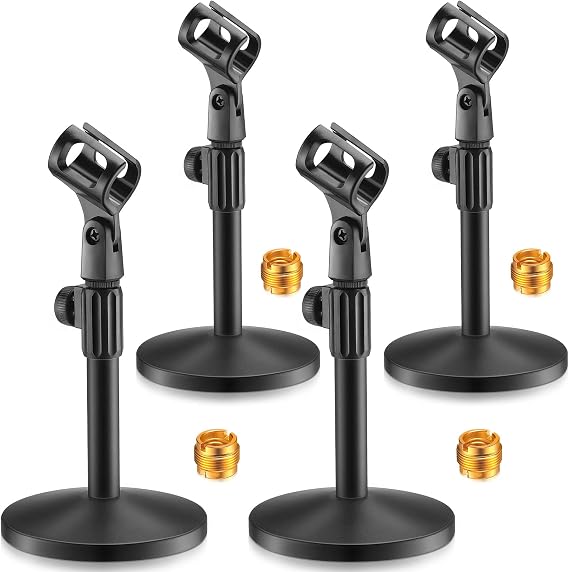 Hoteam 4 Pcs Desktop Mic Stand Adjustable Tabletop with Metal Base | Stable Round Base Design, 5/8" to 3/8" Thread Adapter, Microphone Desk Stands, Interviews, Podcasting, Recording