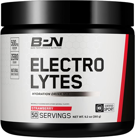 BARE PERFORMANCE NUTRITION BPN Electrolytes Hydration Drink Mix | Sugar Free Electrolyte Powder | 500mg Sodium per Serving | Naturally Sweetened | Strawberry, 50 Servings