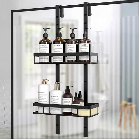Shower Caddy Hanging, Over Door Bathroom Storage Black, 2-Tier | Adjustable Height Shower Rack, No Drilling Hanging Shower Organiser, Bathroom Accessories