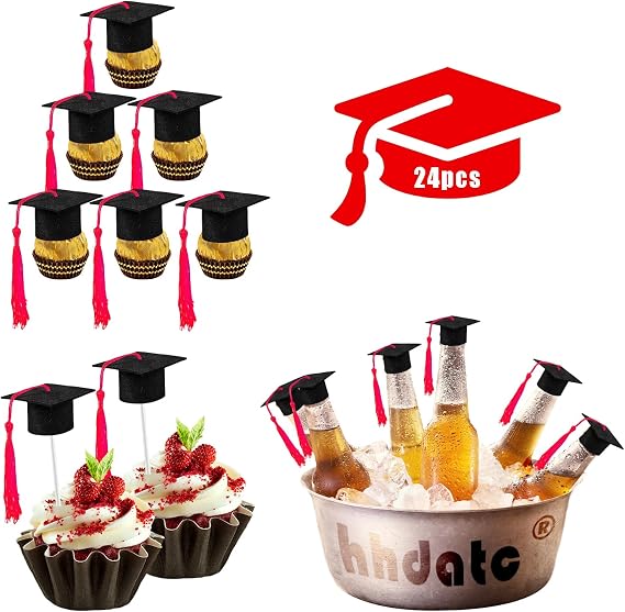 24 Pcs Mini Graduation Cap Decorations Graduation Cap Topper Black Grad Hats with Red Tassels for Cupcake Toppers, Bottle Decor,Congrats Party Favors and Class of 2025 Celebrations