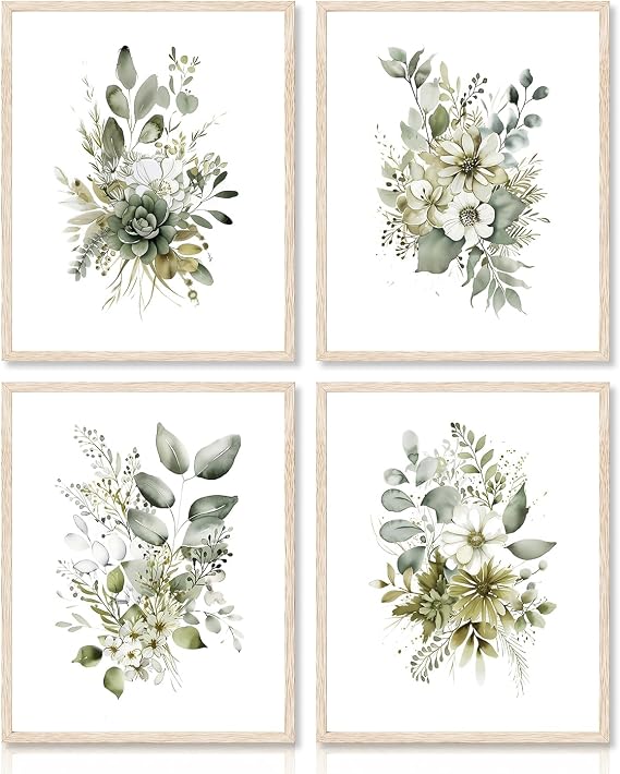 Dazzlewall 4pcs Botanical Wall Art Prints, Boho Sage Green Leaves Watercolour Artwork Print, Minimalist Wall Decor for Bedroom Living Room Bathroom, 8x10 in Unframed