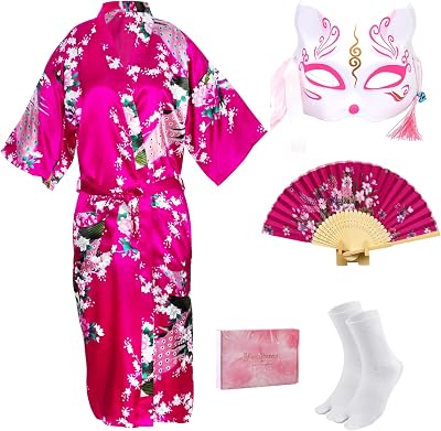 Kimonos for Women Japanese Dress Yukata Cosplay Anime Peacock Costume Bathrobe Sleepwear Mask Hand Fan Socks Set