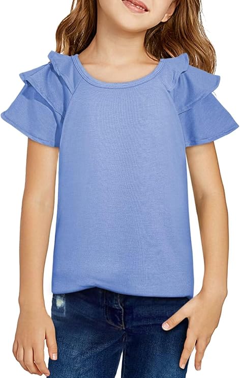 DOKOTOO KIDS Girls Ruffle Sleeve Shirts Summer Cute Crewneck Blouse Tops 6-15 Years