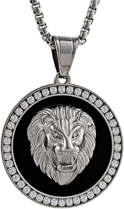 Lion Head Necklace for Men Women,Gold Silver Shield Round Rhinestones 3D Lion King Necklaces