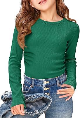 ZDC Kids Girls Long Sleeve Shirts Crewneck Ruched Side Slim Fit Tops Ribbed Knit Casual Tee Shirt 5-14 Years
