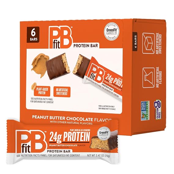 PBfit Peanut Butter Chocolate Protein Bars, 24g Protein, Gluten Free, Vegan, Plant-Based 40-30-30 Macros, 2.47 Oz (Pack of 6)