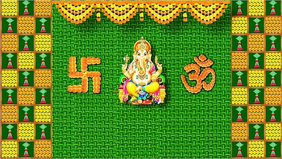 SATVIK 8x5ft. Fabric Backdrop for Indian Pooja Decor Ganpati Photo Traditional Puja Cloth Backdrop Mehndi Diwali Festival Marigold Flower Garland Tulle Curtain Wedding Bridal Wall Banner (Design 1)