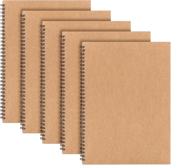 Yafe A4 Spiral Notebooks 5 Pack, Lined, 60 Sheets, Kraft Cover | Double Wirebound, Thick Beige Paper, Smooth Page Turning, Bleed-Resistant, for School, Office, Travel