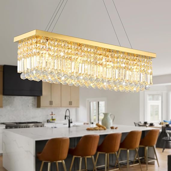Gold Crystal Chandelier 32" 6-Light E12 Pendant for Dining Room | Dimmable,Adjustable Height for 8-13ft Ceilings,3-Color LED Compatible,K9 Crystals,,Living Room,Kitchen Island