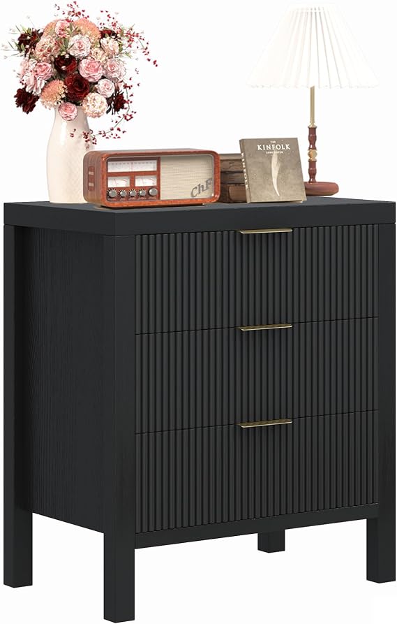 Nightstand with 3 Drawers, Dresser and Nightstand Sets, Bedside Tables, Mid Century Nightstands with 3 Wide Drawers for Bedroom, Kids Room, Hallway - Black