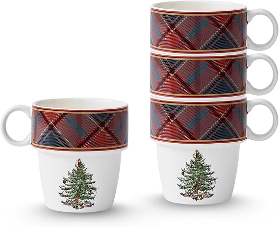 Spode Christmas Tree Tartan Stackable Mugs, 10 Oz - Red, Set of 4