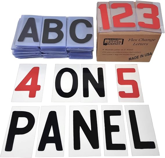 4" Flex Changeable Sign Letters on 5" Clear Panels Black Letters & Red Numbers Fits A-Frame, Sidewalk & Portable Signs Made in USA