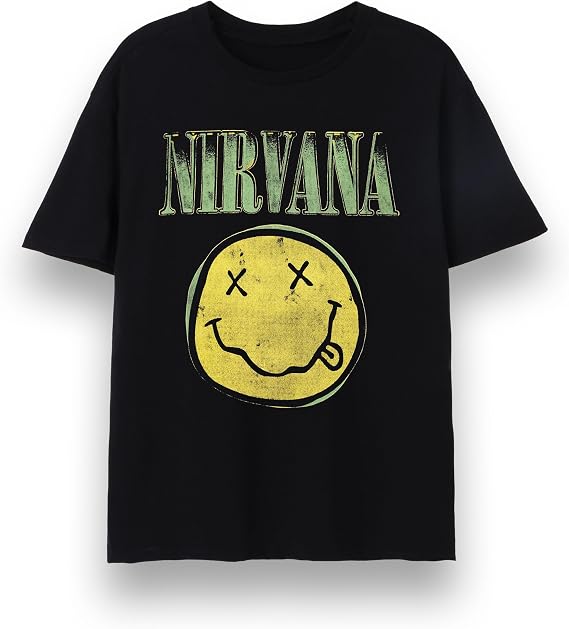 Nirvana Mens T-Shirt | Adults Short Sleeve Graphic Tee in Black | Classic Grunge Distressed Green Logo Print & Face, 3X-Large