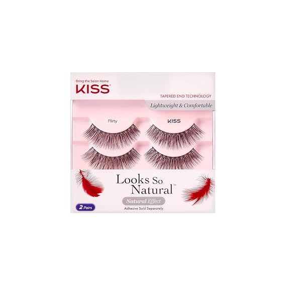 KISS Looks So Natural False Eyelashes Double Pack, Lightweight & Comfortable, Tapered End Technology, Reusable, Cruelty-Free, Contact Lens Friendly, Style 'Flirty', 2 Pairs Fake Eyelashes 2 Count (Pack of 1) Flirty Double Pack
