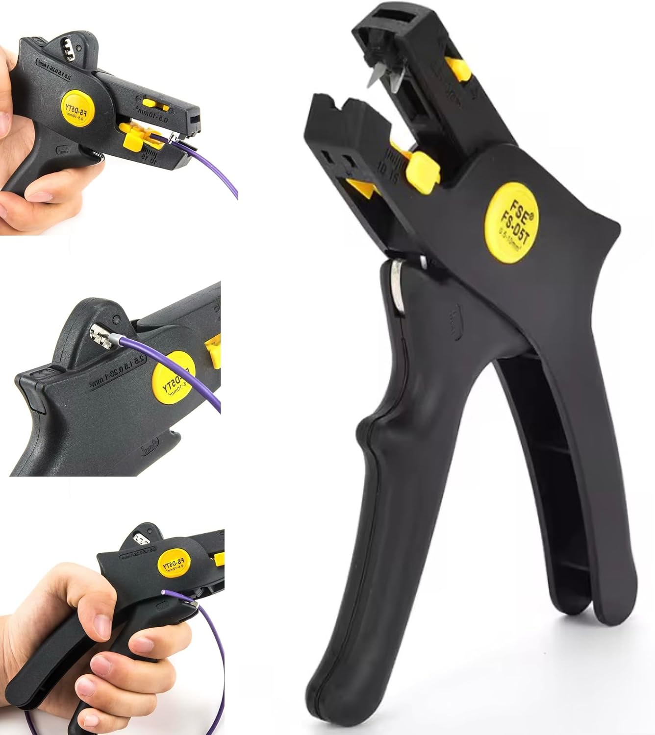 FS-D5TY (0,5-10mm²) Kablo Soyma-Kesme-Çakma Pensesi Profesyonel Otomatik Kablo Sıyırma Pensesi, Siyah-Sarı, Ayarlanabilir