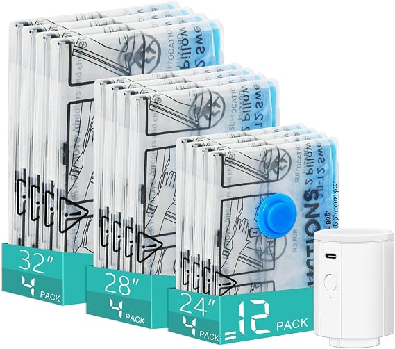 Vacuum Storage Bags,12 Pack Vacuum Bags with Electric Pump,Vacuum Pack Bag for Clothes,Storage,Travel,Luggage,Blankets(4 Large, 4 Medium, 4 Small)