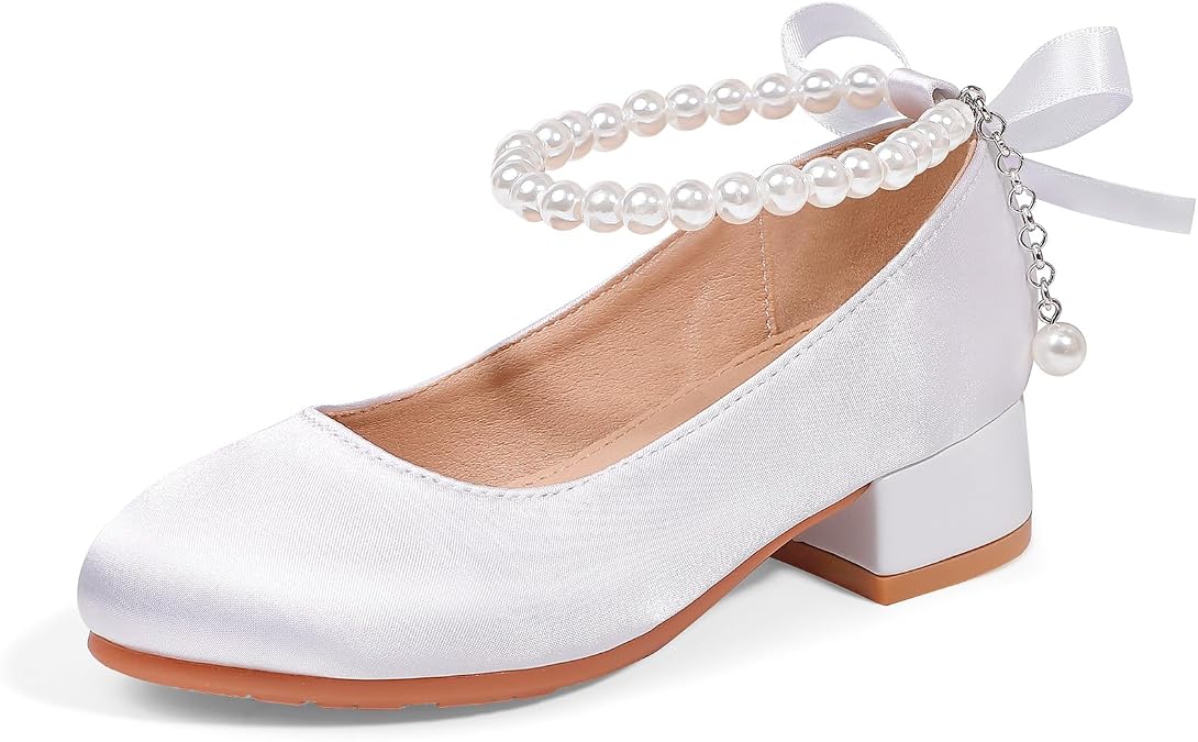 Girls Dress Shoes Flower Girls Satin Pearls Chunky Low Heels Pumps