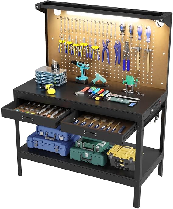 Garvee 48" Heavy Duty Workbench with Power Outlets for Garage, Black