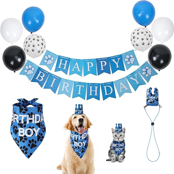Dog Birthday Party Supplies Set,Dog Girl Boy Birthday Bandanas Set with Dog Birthday Hat,Scarf,Birthday Banner and Balloons,Puppy Dog Birthday Party Decorations_S(Blue)