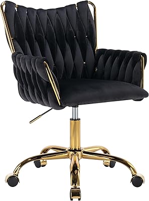 Westice Velvet Desk Chair, Home Office Gold Comfy Chair with Hand Woven High Back, Height Adjustable Swivel Chair with Comfy Upholster for Makeup Vanity Living Room Bedroom, Black