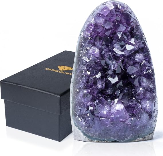 Natural Deep Purple Amethyst Crystal Geode from Uruguay 1.5-2 lb, A Grade Amethyst Cluster Include Bonus Grid Plate, Premium Gift Box for Collectors Reiki Healing Positive Energy by GEMBOURY, 0.5