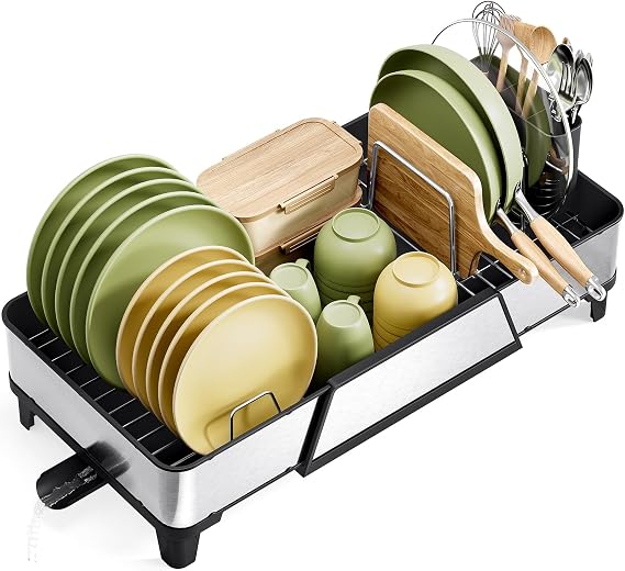 KINGRACK Large Dish Drainer Tableware - Triple Expandable Dish Rack for Kitchen Counters Stainless Steel Sink Organization and Storage Essentials with Tableware Black