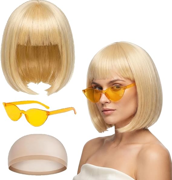Blonde Bob Wig with Fringe and Glasses, Short Blonde Wig for Cosplay Events and Music Festivals, Costume Set for Themed Parties and Daily Fashion Styling