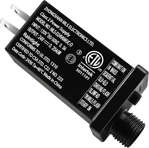 Class 2 Power Supply 24V 6W LED Transformer Replacement with 8 Modes and Memory Function IP44 Low Voltage Adapter for Christmas Tree String Light, Fairy Light, Net Light