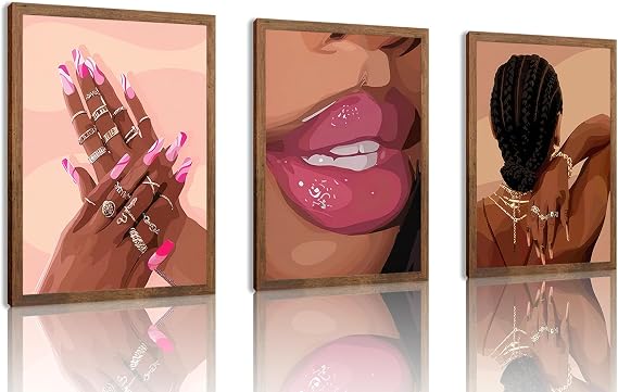 Black Womenl Pink Wall Art Aesthetic Set of 3, African American Black Girl Canvas Posters Fashion Black Girl Wall Pictures Prints , for Living Room Bedroom Bathroom Home Decor 16x12inch Unframed