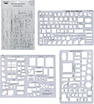 Mr. Pen- House Plan, 3 pcs, Interior Design and Furniture Templates, Clear Flexible Plastic, Drafting Tools, Ruler Shapes for Architecture, 1/4 Inch Scale, Kitchen, Bath, Bedroom, Office, Living Room