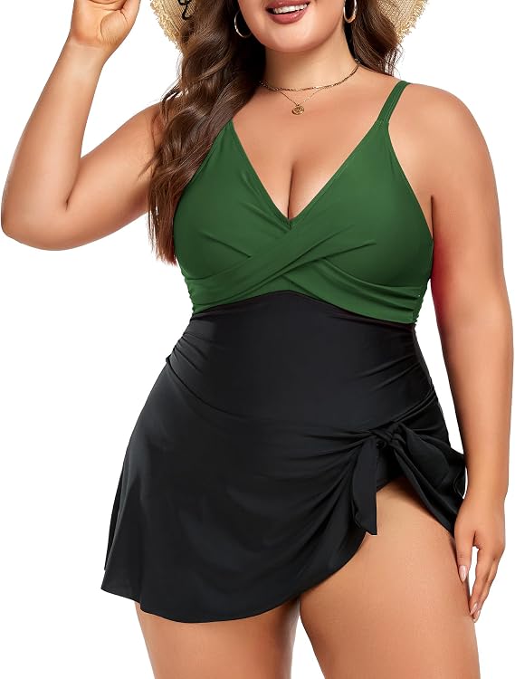 Women Plus Size Swim Dress Tummy Control One Piece Swimsuit Wrap Full Coverage Modest Bathing Suit Cute Tie Knot