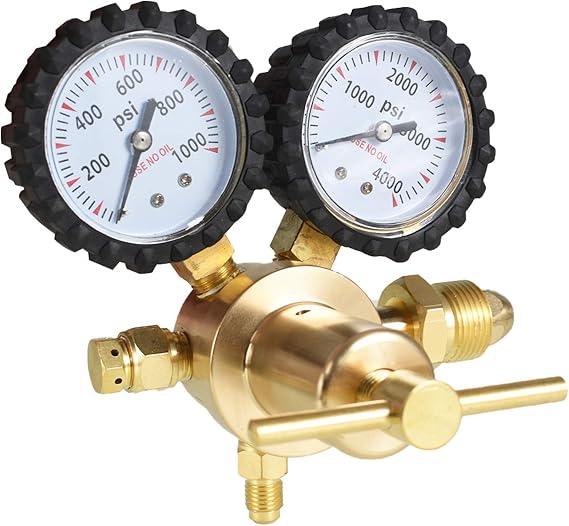Nitrogen Regulator 0-800PSI Delivery Pressure Brass CGA580 Inlet Tank Threads 1/4 Inch Male Flare Outlet Connection - UNF7/16-20 Outlet Threads Heavy-Duty Handle Self-reseating Relief Valve