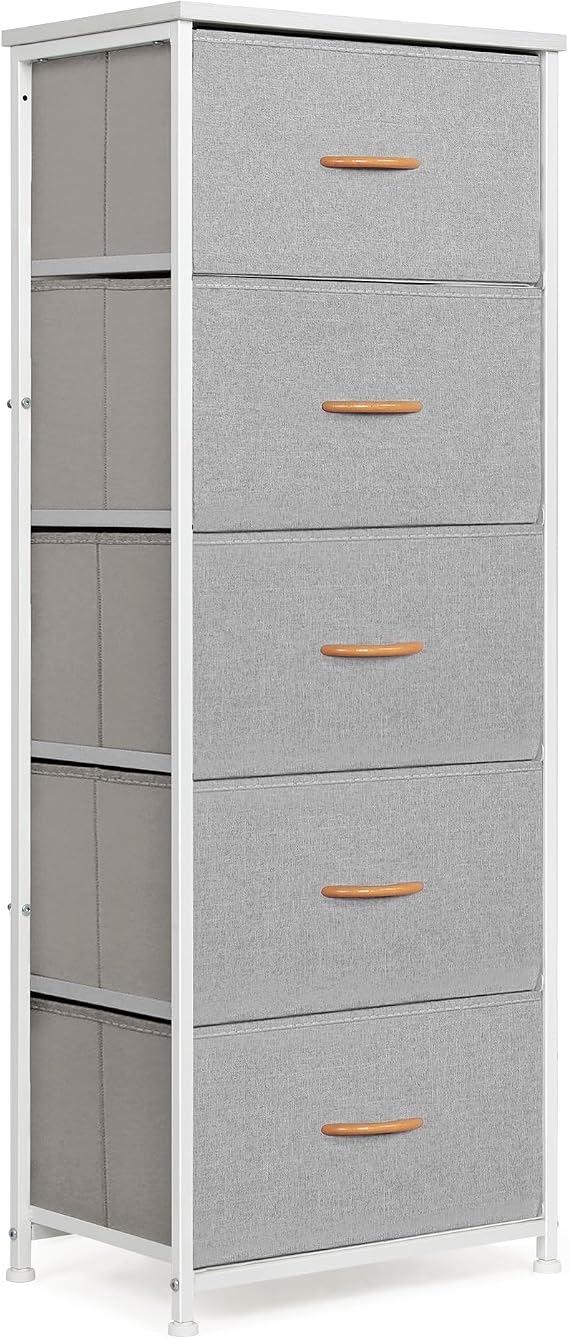 Mifuro Tall Dresser for Bedroom with 5 Drawers, Vertical Storage Organizer Tower, Chest of Drawers with Fabric Bins, Steel Frame, Wood Top for Bedroom, Closet, Entryway- Light Grey