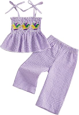Kayotuas Toddler Girl Carnival Smocked Outfit Strap Tank Top Dress Pants Kid Girls Festival Party Clothes Fat Tuesday Outfits