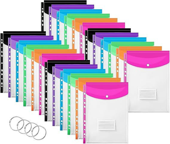 24PCS Plastic Wallets A4 Punched Pockets, Expandable Envelope Document Plastic Folders with Button and Label Pocket for School Home Office (Vertical)
