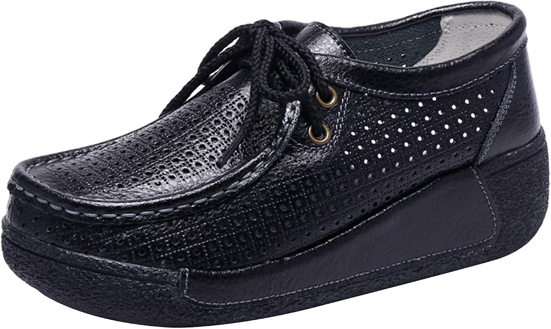 rismart Women's Lace-up Fashion Sneakers Leather Platform Casual Walking Shoes