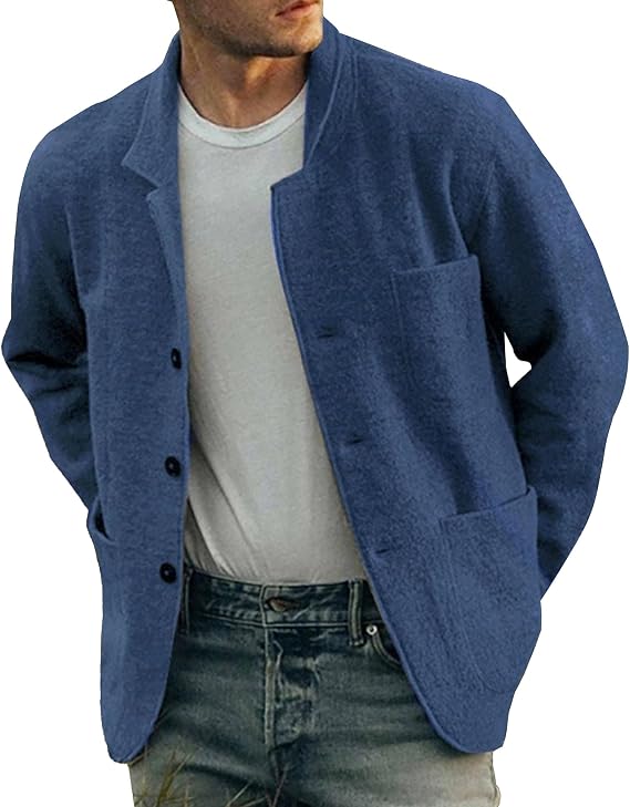 Men's Notched Lapel Single Breasted Cardigan Fashion Stand Collar Knitting Coat Soft Button Down Overshirt Coat