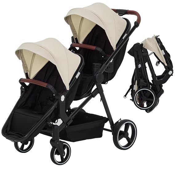 Takywep Collapsible Tandem Double Stroller for Infant & Toddler - Reversible Seats - 5-Point Safety Harness - Adjustable Backrest & Canopy - Large Storage Basket - Lightweight 2-Seat Stroller - Beige