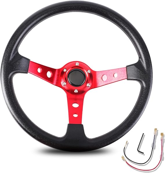Universal Car Racing Steering Wheel Red Aluminum Spoke 13.8Vinyl Leather rifting Deep Dish Steering Wheel With Horn Button for Car